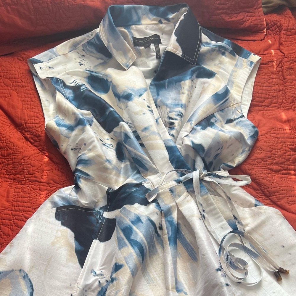 Donna Karan Blue and Cream Dupioni Wrap Dress